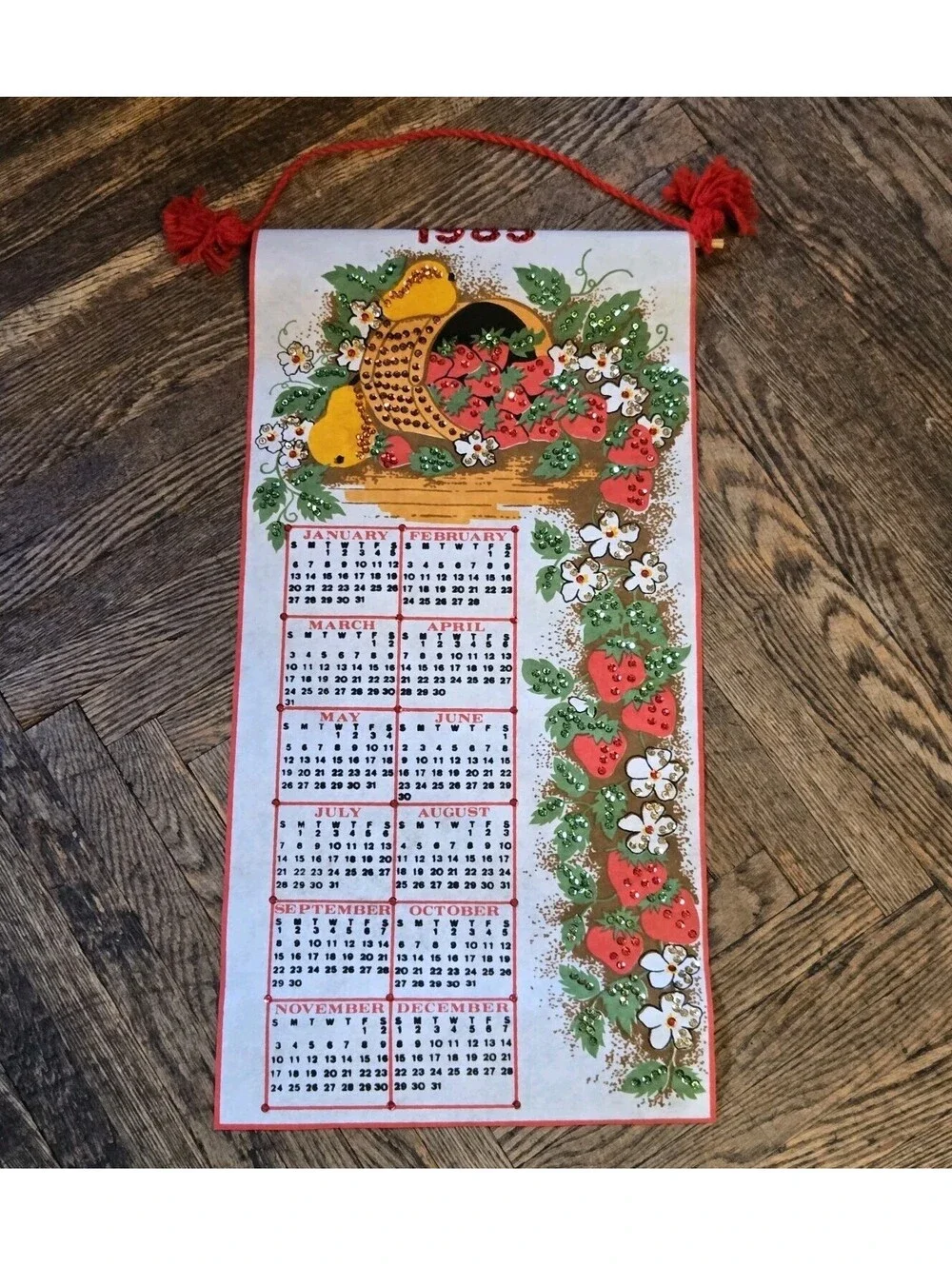 Vintage 1985 Felt Calendar Strawberry Kitchen Cottagecore Grannycore 24x12